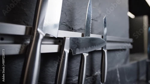 Modern Kitchen Set Up With Sleek Magnetic Knife Holder Featuring Various High Quality Blades