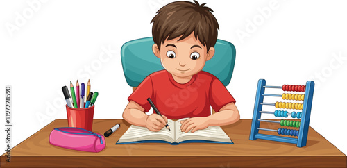 Young boy student sitting at wooden desk doing homework writing in notebook with school supplies abacus and pens cartoon illustration.
