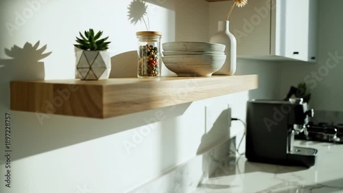 Modern Kitchen Shelf Decor With Coffee Machine And Sunlight