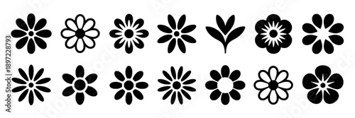 Flowers doodle drawn by hand with grunge scrawls featuring simple petal shapes, symmetrical designs, high contrast black and white, and diverse floral styles for decorative use