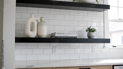 Modern Kitchen Shelf Decor With Vases Books and Potted Plant