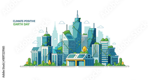 Sustainable Green City Landscape with Modern Skyscrapers Solar Panels and Lush Vegetation for Climate Positive Urban Development Illustration, Generative AI.
