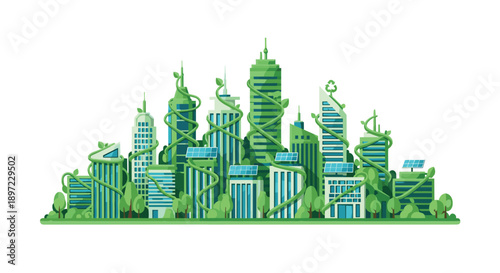 Panoramic Sustainable Eco City Skyline with Green Skyscrapers Overgrown with Vines and Integrated Solar Panels for Future Urban Living Illustration, Generative AI.