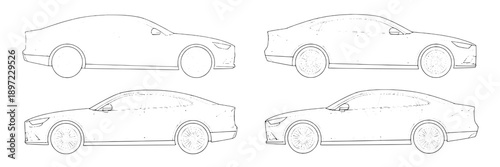 Car outline sketch with four different perspective views, minimalist design of vehicle silhouettes emphasizing shape, lines, and form, suitable for technical drawings or templates