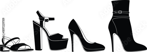 Elegant black collection of women's shoe silhouettes featuring strap sandals, high platforms, classic stiletto pumps and ankle boots vector illustration on white background.