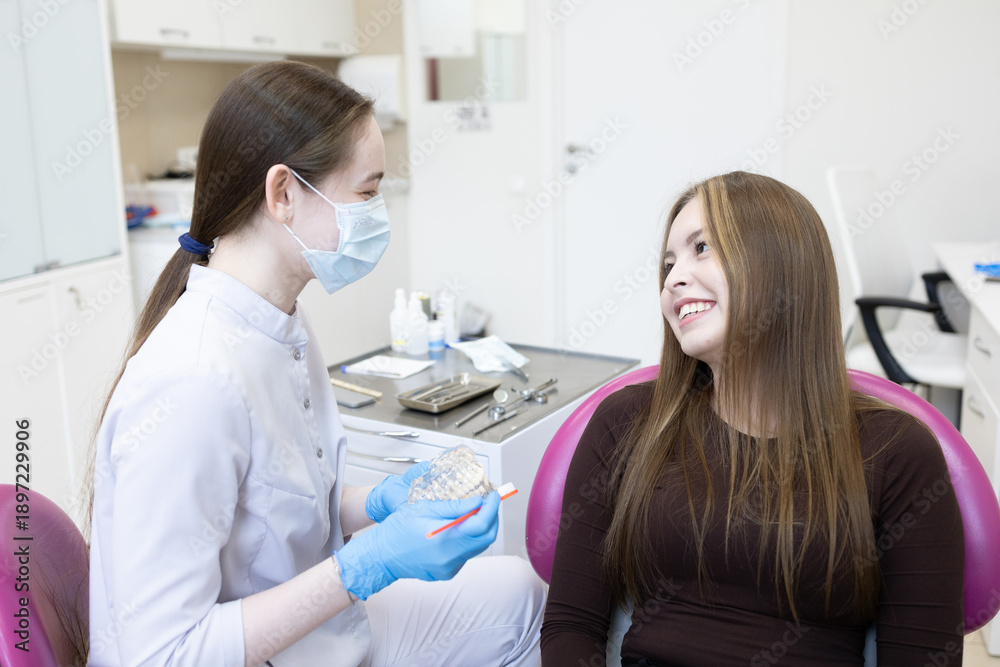Fototapeta premium A dentist shows a woman how to brush her teeth