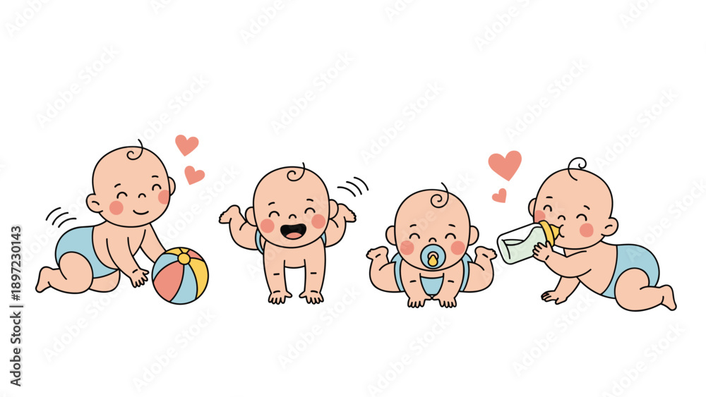 Fototapeta premium Adorable set of cartoon baby characters in various activities such as crawling, playing with a ball, and drinking from a bottle.