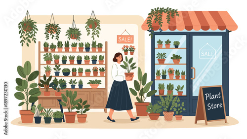 Happy woman shopping for indoor greenery at a beautiful plant store filled with many different types of potted plants and flowers.