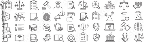 ベクターでモノクロのコンプライアンスに関する線画アイコンセット
