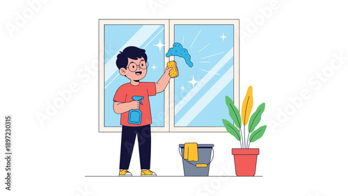 Young boy wearing glasses cleaning a window with a spray bottle and sponge to help with household chores and home maintenance.