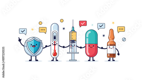 Group of personified medical characters like a thermometer, syringe, and pill bottle holding hands to represent healthcare teamwork.