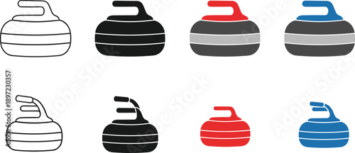 Curling Stone Icon Set in Outline and Solid Styles, Winter Sport Granite Rock Symbols in Black, Red, and Blue for UI and Print Design