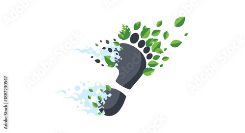Sustainable Impact Concept Featuring a Footprint Integrated with Green Leaves and Water Elements for Environmental Awareness and Carbon Footprint Illustration, Generative AI.