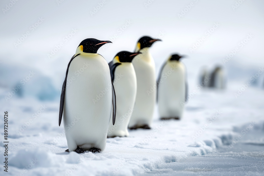 Fototapeta premium Wildlife photography of emperor penguins standing on ice floes in Antarctica, natural behavior