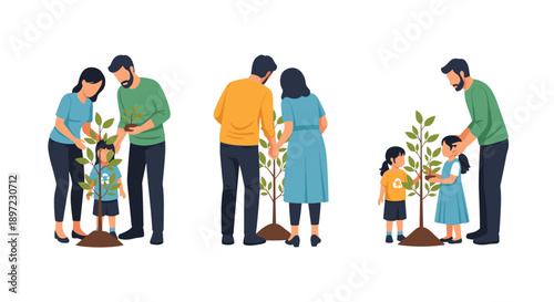 Family Group with Father Mother and Young Daughter Planting a Sapling Together Shown from Three Different Perspectives for Environmental Stewardship Illustration, Generative AI.