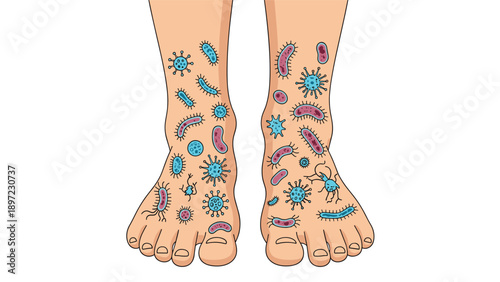 Human feet are covered in various colorful bacteria and germs to illustrate fungal infections hygiene importance and spread of skin diseases.