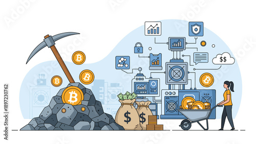 Cryptocurrency mining operation shows machines processing data while woman collects bitcoin coins in wheelbarrow at digital mountain mining site.