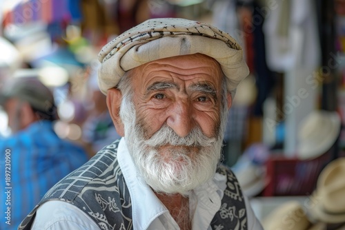 Wallpaper Mural Close up of friendly vendor wearing traditional uzbek hat, showcasing rich cultural heritage in vibrant market Torontodigital.ca