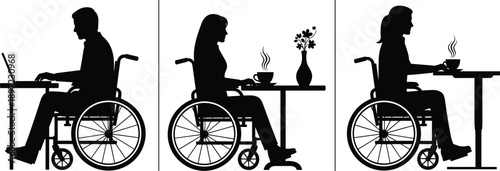 Set of black vector silhouettes showing disabled men and women in wheelchairs working on laptop and drinking coffee at cafe tables side view.