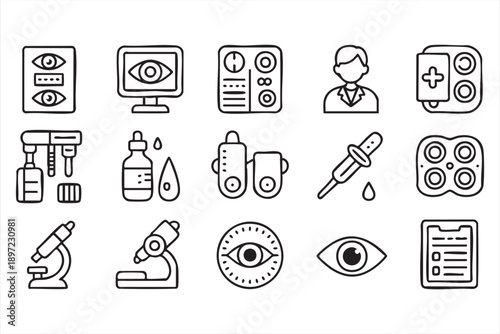 Medical Eye Examination and Treatment Line Icons