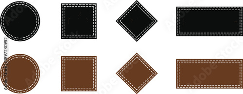 Leather label and stitched patch illustration set featuring blank round, square, diamond, and rectangular badges, isolated sewing frames for fashion branding