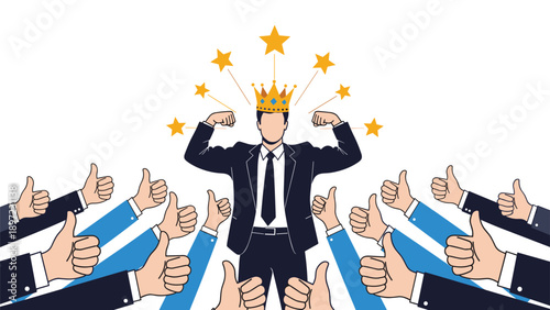 Successful businessman wearing golden crown flexes muscles while many hands give thumbs up approval for leadership and achievement concept.