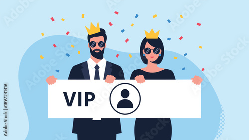Stylish VIP couple wearing crowns and sunglasses while holding a banner with a profile icon amidst falling confetti.