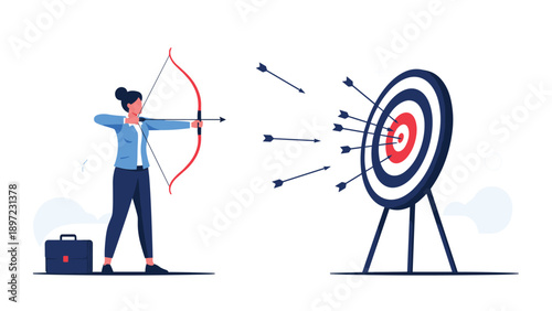 Determined businesswoman aiming a bow and arrow at a bulls-eye target with many successful hits already in place.