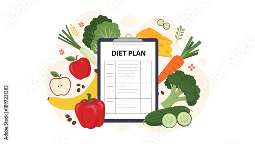 Comprehensive diet plan on a clipboard surrounded by a variety of healthy fruits, vegetables, cheese, and legumes.