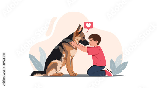 Young boy kneeling down to give a warm and loving hug to his loyal German Shepherd dog friend in a peaceful setting.