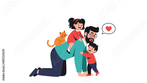 Energetic father playing on all fours with his young son and daughter while their pet cat sits on his back at home.