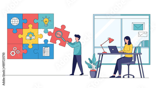 Man placing the final piece in a large colorful puzzle representing business strategy while a woman works on a laptop.