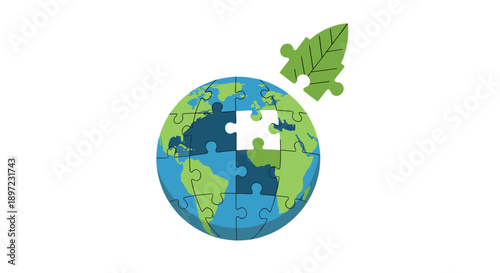 Planet Earth Globe Jigsaw Puzzle with a Missing Leaf Shaped Piece Illustration Representing Environmental Problem Solving and the Need for Ecological Solutions, Generative AI.