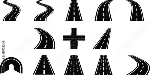 Road and highway icon illustration set showing curved, straight, intersection, and tunnel routes, isolated black vector symbols for transportation design