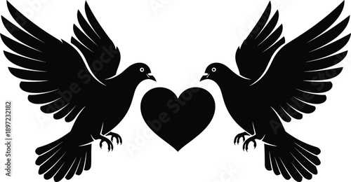 Vector illustration of two flying black silhouette doves facing each other with heart shape in center isolated on white background for romantic wedding design.