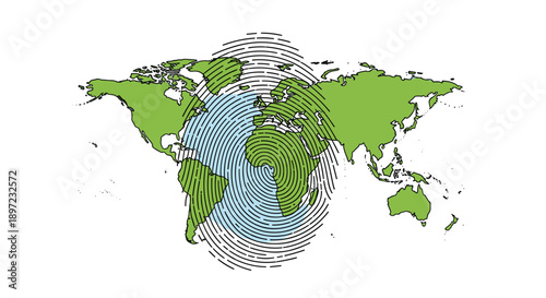 World Map Illustration Featuring a Human Fingerprint Pattern Overlay in the Center Over Blue Oceans and Green Continents Against a Minimalist White Background for Environmental, Generative AI.