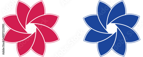 Abstract geometric flower petals set in red and blue, modern floral ornament vector illustration.