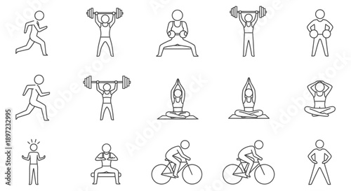 line art fitness icons depicting people running lifting weights doing yoga and cycling promoting active and healthy lifestyles and wellness.