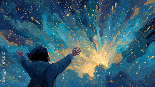 Person Reaching for Light in a Cosmic Sky, Hope and Inspiration Concept Illustration