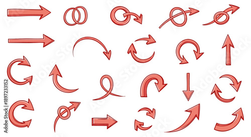 red hand drawn arrow icons set with curved and circular directions on white background versatile doodle style symbols for infographics