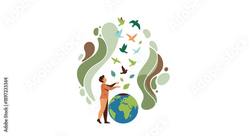 Person Releasing a Flock of Colorful Birds Over a Small Earth Globe Surrounded by Abstract Green Leaf Shapes and Fluid Background Elements Representing Freedom and Nature, Generative AI.