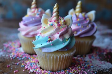 Three colorful unicorn cupcakes with pastel frosting and sprinkles sit on a rustic table, creating a whimsical and magical dessert scene