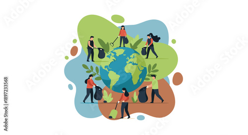 Group of People Cleaning the Environment by Picking Up Trash Around a Large Earth Globe and Placing Garbage Bags into Bins Against a Colorful Abstract Fluid Background Graphic, Generative AI.
