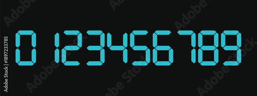 LED digital board electronic style with digits 0-9, scoreboard, signage, information panels, sports, games, schedules, cyan clock numbers.