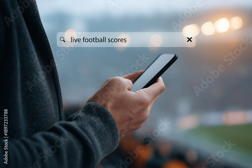 Fan searching live football scores on smartphone at a sports stadium. Mobile technology for online browsing, soccer match updates, and internet search results on a phone app.