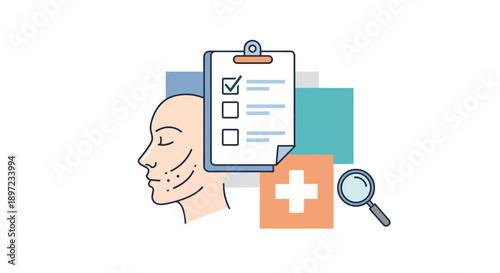 A human face with skin imperfections and a checklist. Concept of medical diagnosis, treatment plan, and cosmetic skin care procedure.