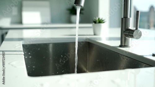 Modern Kitchen Sink With Flowing Water And Stainless Steel Faucet