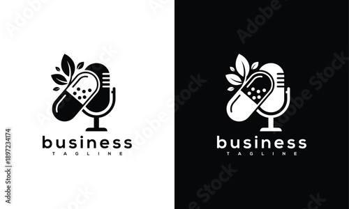 Natural Health Podcast Logo Medical Capsule Microphone with Leaves for Wellness Communication.