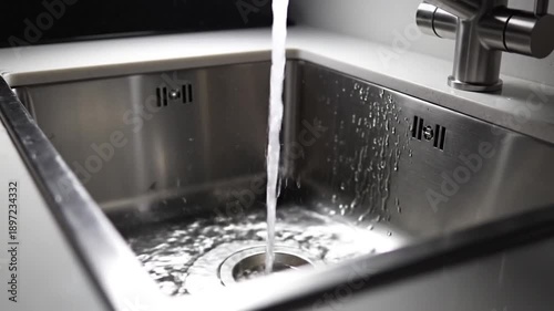 Modern Kitchen Sink With Flowing Water From Faucet