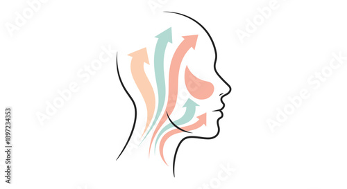 Facial massage line art with lifting arrows on a human profile. Concept of rejuvenation, cosmetology, and beauty for skin care procedures.